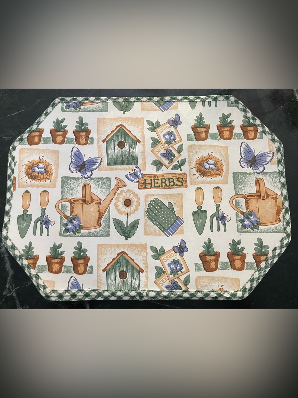 4 Placemats Birdhouse Garden Double Sided Fabric Cottage Core Franco 17”x13”